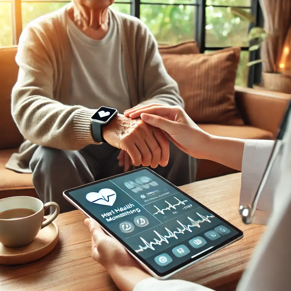 스마트 건강 모니터링 기기를 착용한 노인이 집에서 편안하게 앉아 있고, 옆에 있는 태블릿에 AI 건강 데이터가 표시