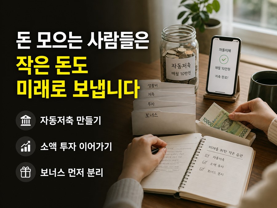 자동저축, 소액 투자, 보너스 분리 습관을 통해 작은 돈도 미래자금으로 연결하는 방법을 설명하는 실전 점검표 이미지입니다.