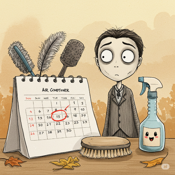 달력에 에어컨 청소 예정일(봄 또는 가을 비수기)이 표시되어 있고, 청소 도구가 함께 놓여있는 모습