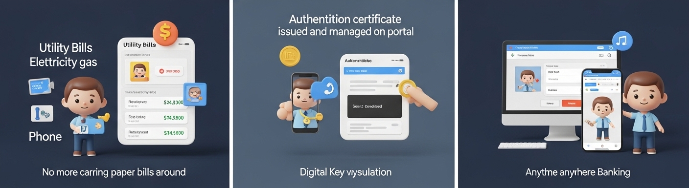 Person enjoying home banking for transfers savings products utility payments and certificate management through post office digital platform