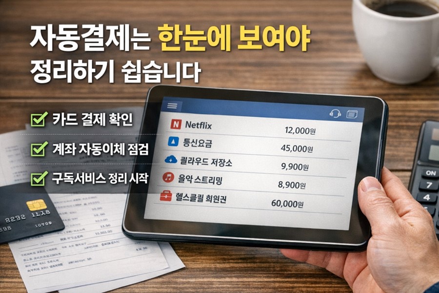 2026 자동결제 정리 방법을 위해 카드 결제, 계좌 자동이체, 구독서비스를 한눈에 확인하는 구조를 보여주는 이미지