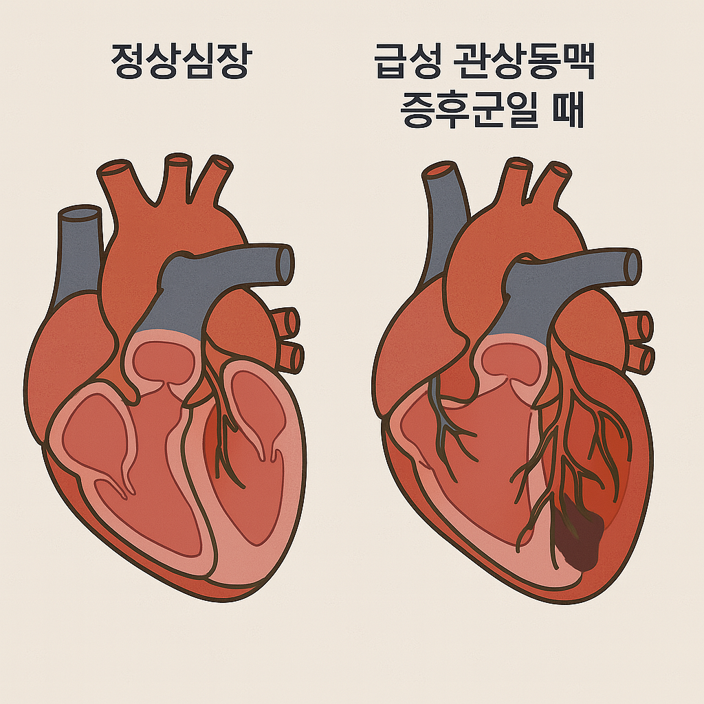 정상심장과 관상동맥증후근 일 때의 심장