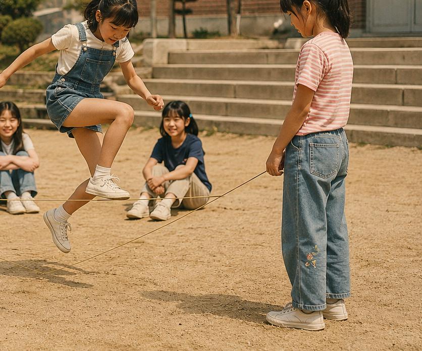 한 아이가 고무줄을 뛰고 다른 친구들이 뒤에서 차례를 기다리며 바라보는 모습