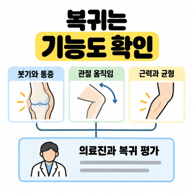 붓기와 통증, 관절 움직임, 근력과 균형을 의료진과 복귀 평가로 연결해 기능 확인의 필요성을 보여주는 도식