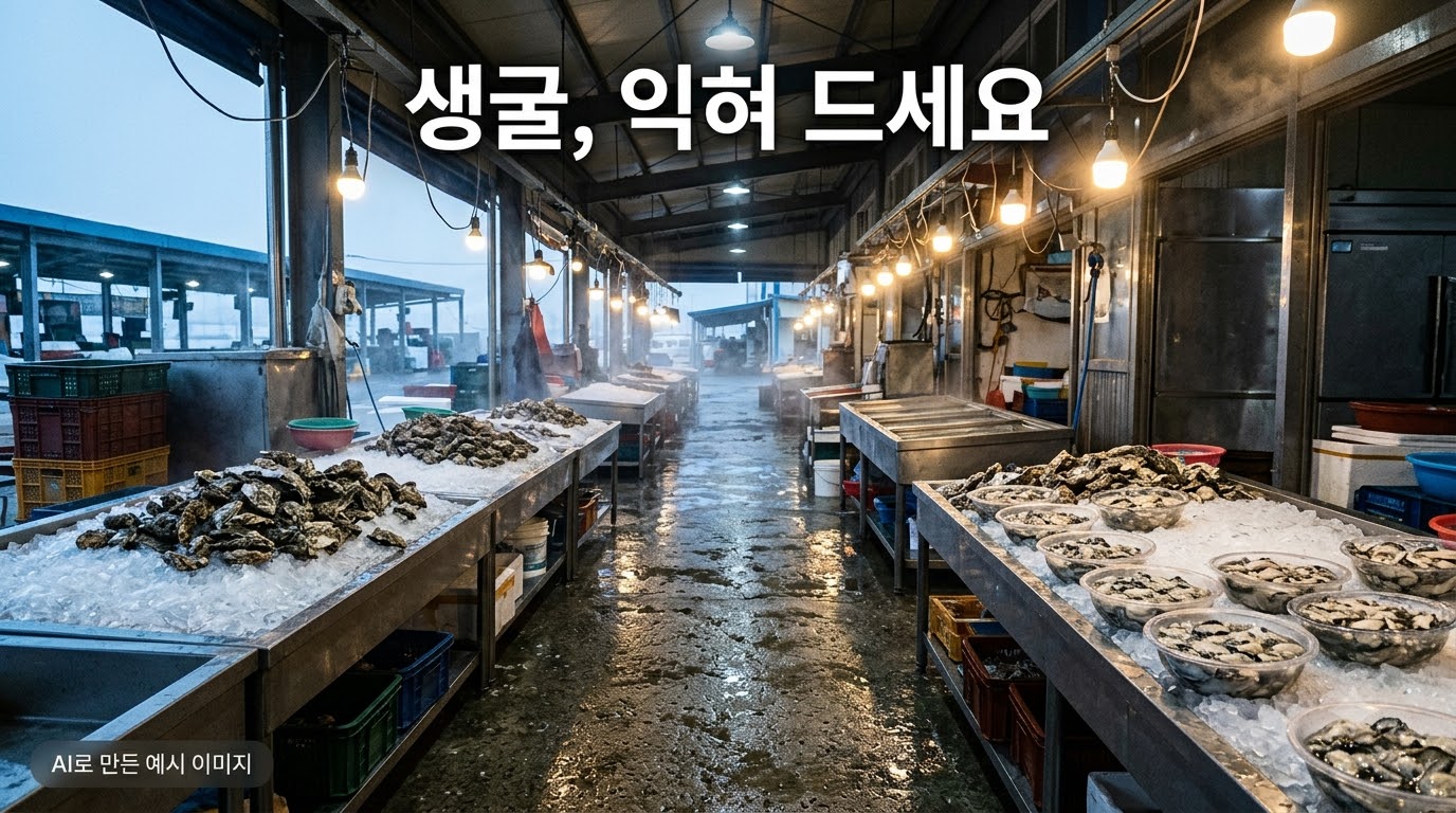 겨울 새벽 시장 통로의 얼음 위에 굴 껍데기와 껍질 깐 굴이 놓인 모습