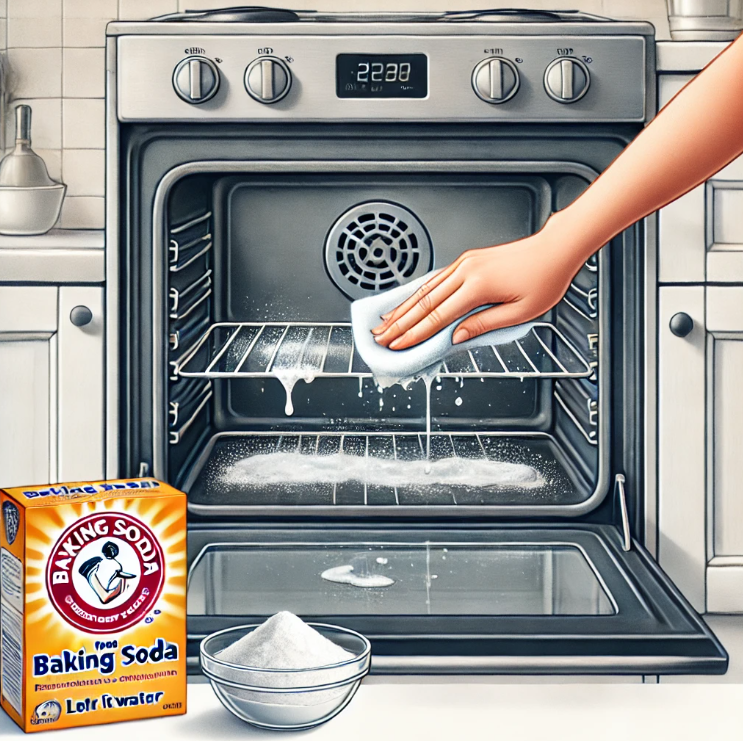 베이킹소다로 오븐 내부를 청소하는 모습