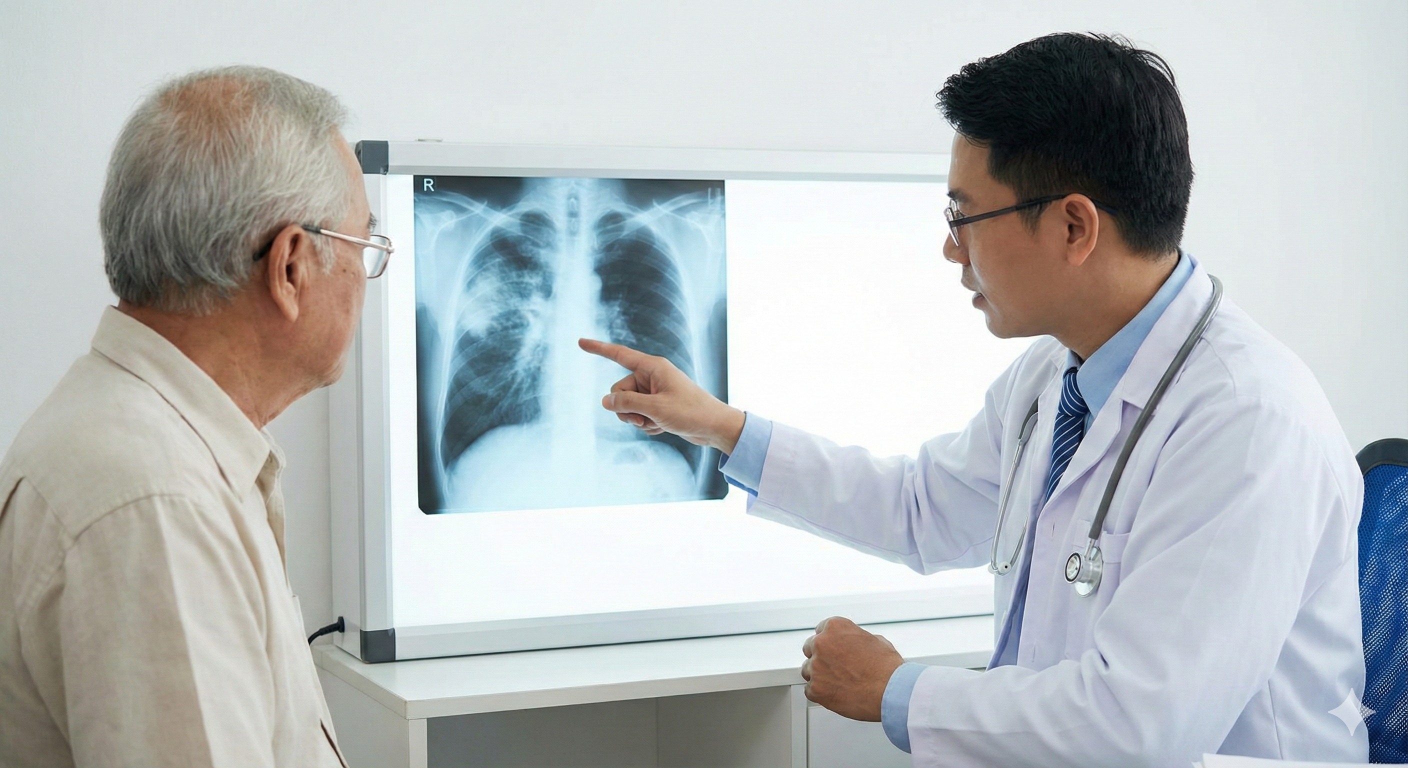 의사가 노년층 남성 환자에게 폐렴으로 추정되는 흉부 X-ray 결과를 가리키며 상담하는 모습