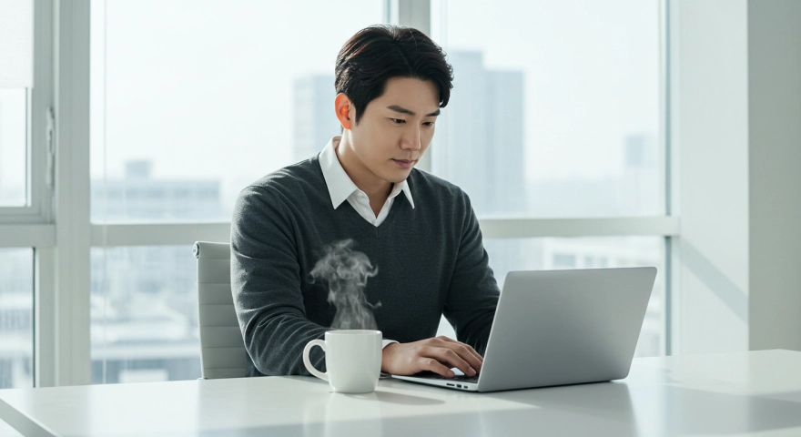 현대식 사무실에서 커피를 두고 노트북으로 일하는 한국 남성