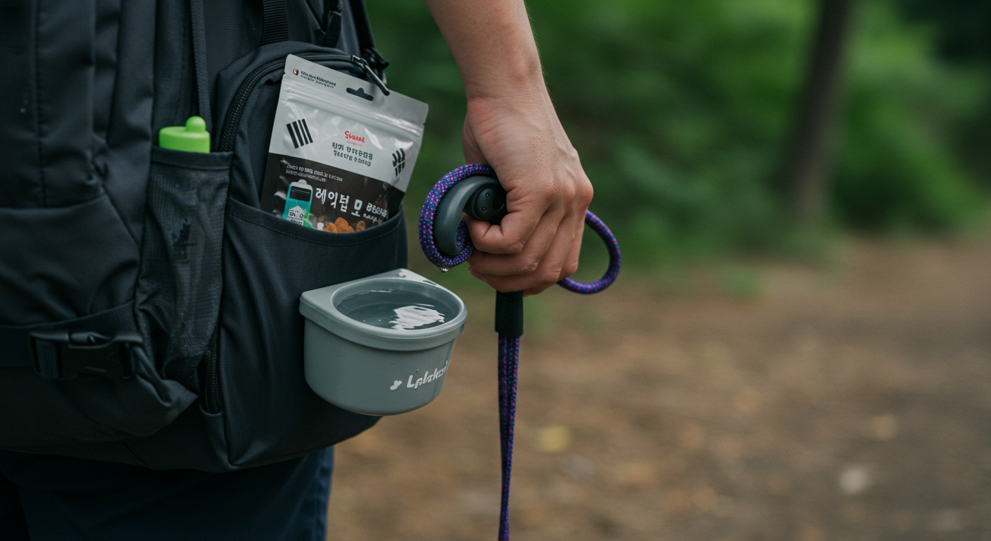 반려견과의 여행 준비물을 챙기는 한국인의 손