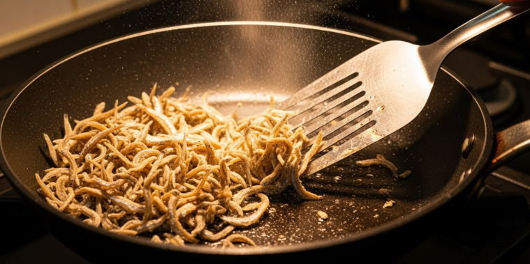 마른 팬에 잔멸치를 넣고 주걱으로 볶아 비린내를 날리고 있는 모습