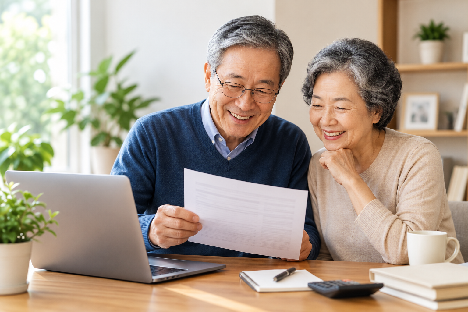 노령연금 자동지급 제도 안내와 서류를 확인하는 노부부