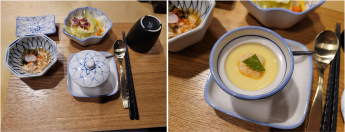 코바치(에피타이저), 샐러드, 차왕무시(에그 커스타드)