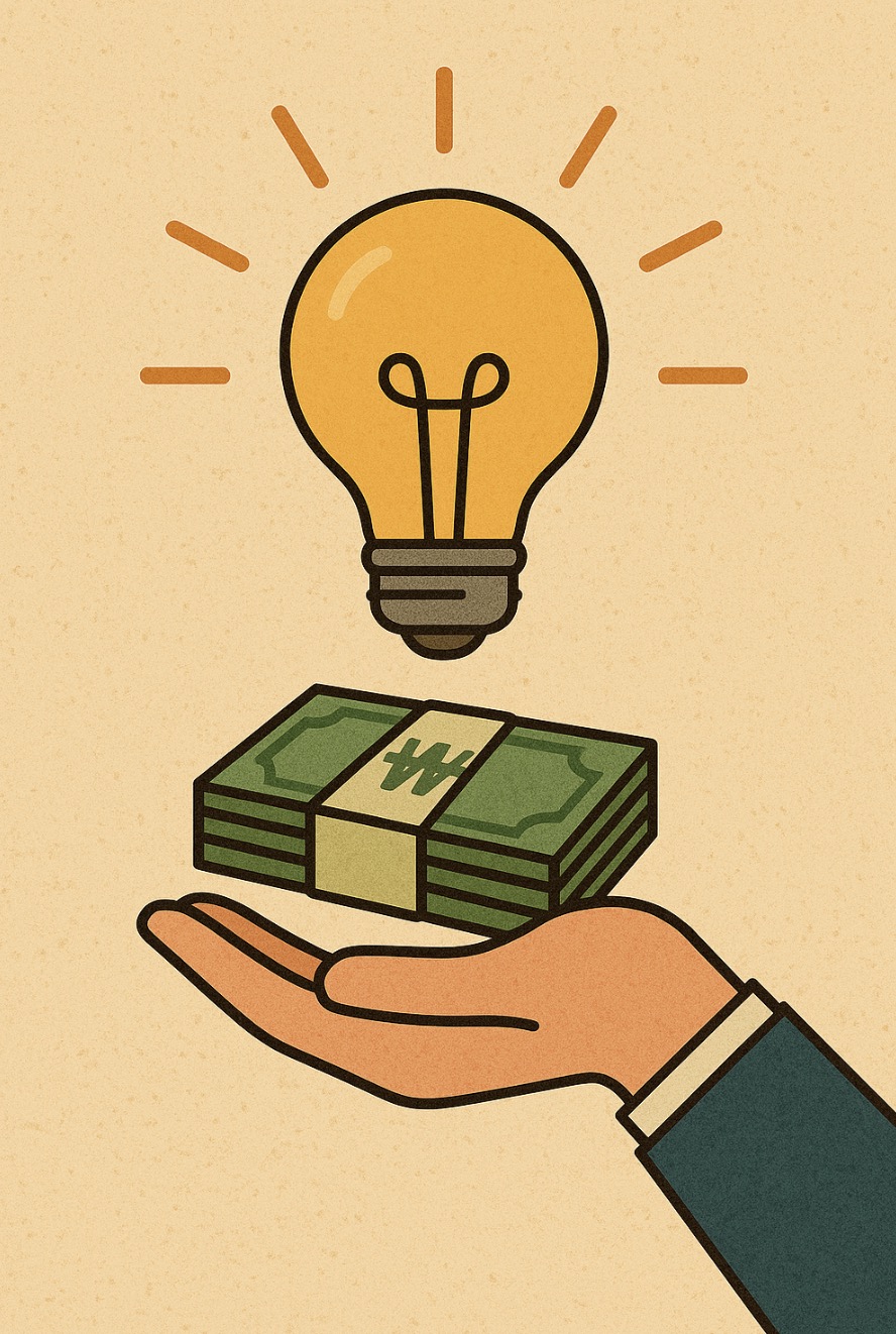 정부지원 서민금융 상징 일러스트, 전구와 돈다발, 손바닥 위 희망적인 표현을 하고 있는 사진
