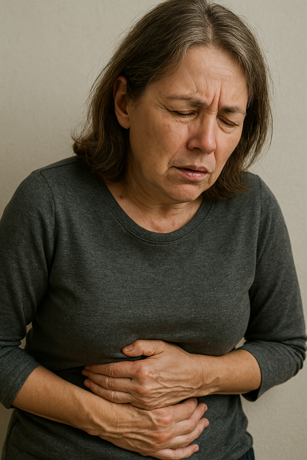중년 여성이 배를 잡고 있는 사진