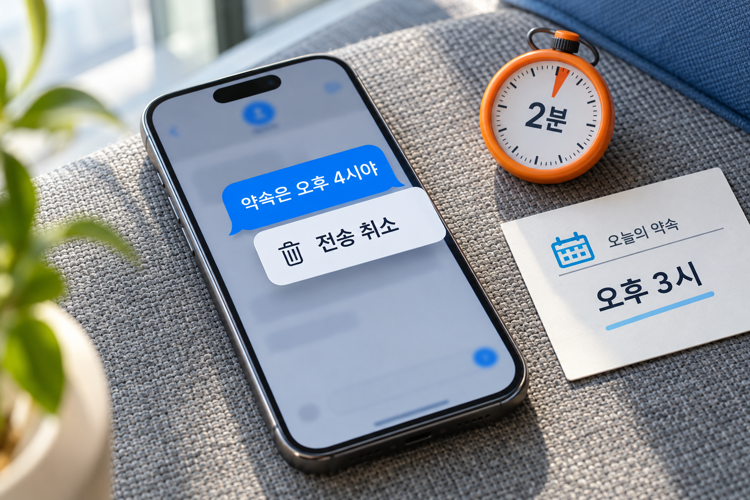 잘못 보낸 일정 메시지와 2분 제한, 전송 취소 메뉴를 표현한 휴대전화 장면
