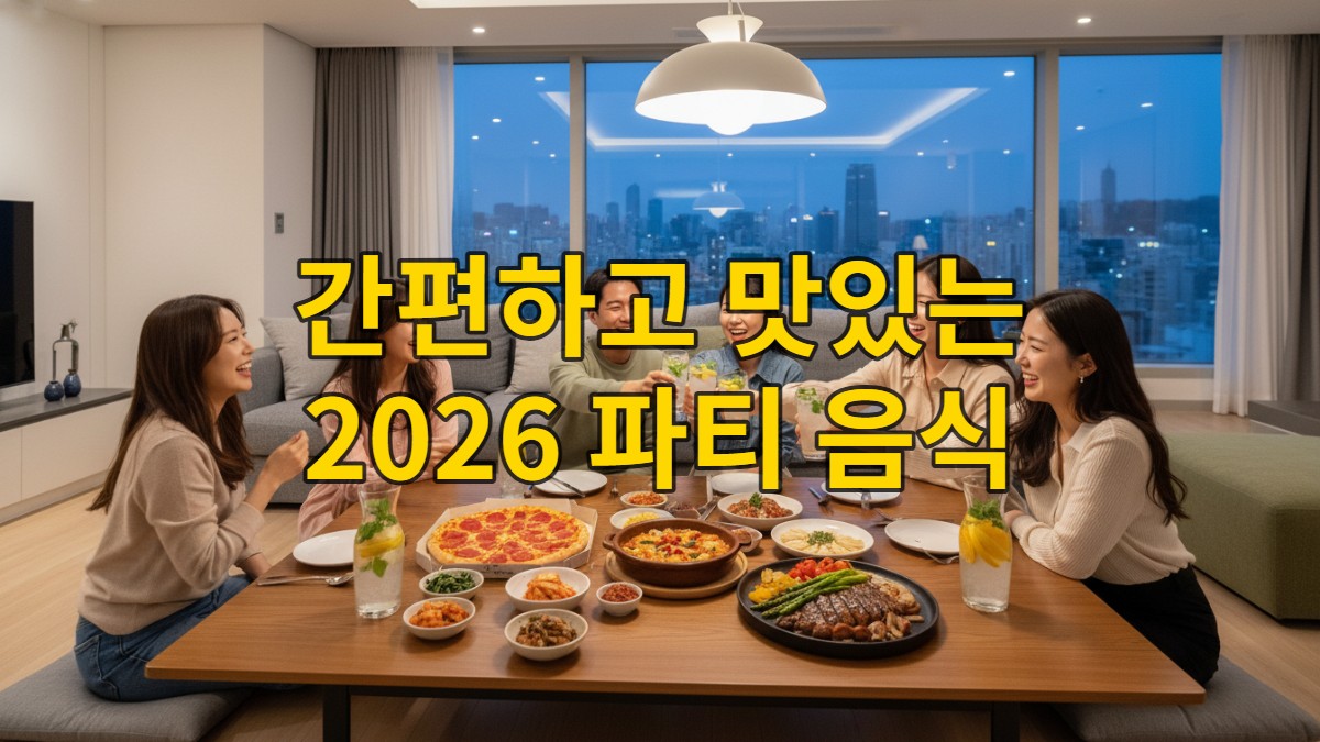 2026년 최신 주말 홈파티 풍경. 테이블 위 배달 피자와 감바스, 찹스테이크 밀키트가 놓여있고, MZ세대 친구들이 모여 즐겁게 대화하며 음식을 즐기고 있다.