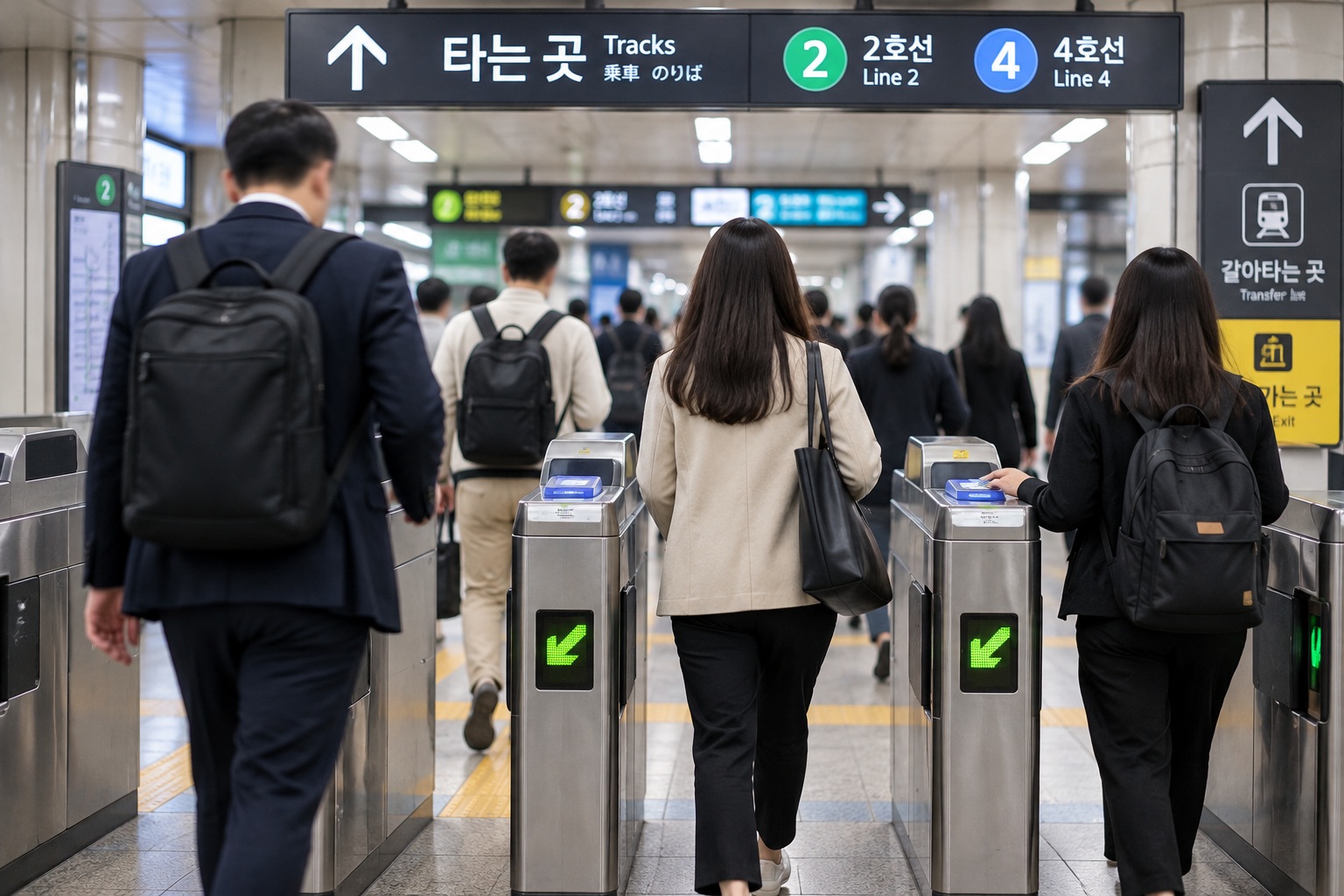 출퇴근 시간 지하철 개찰구를 통과하는 시민들, K패스 모두의 카드 대중교통비 환급 안내