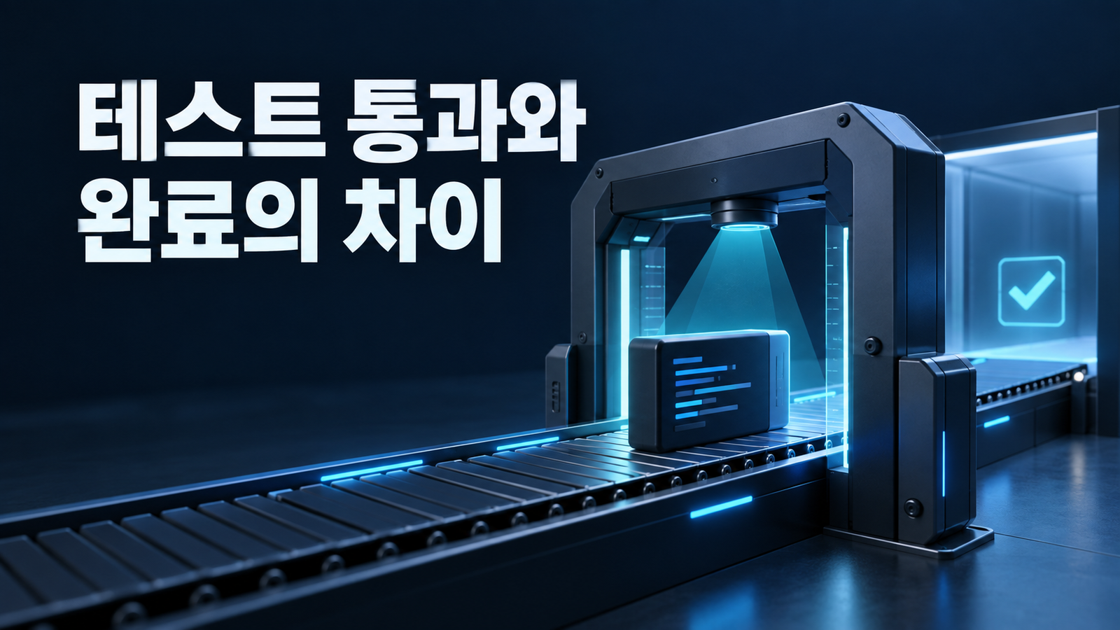 검사 게이트를 지나는 코드 블록으로 표현한 에이전트 완료 검증