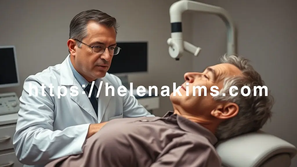 의사가 환자에게 딕스-할파이크 검사를 시행하며 **눈동자(안진)의 움직임을 주의 깊게 관찰합니다