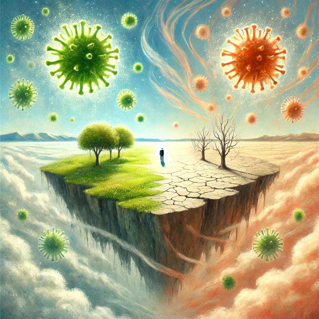 기후 변화로 인해 한쪽은 푸르고 생명력 넘치지만, 또다른 쪽은 황폐하고 갈라져 있는 주변으로 바이러스가 떠다니는 모습