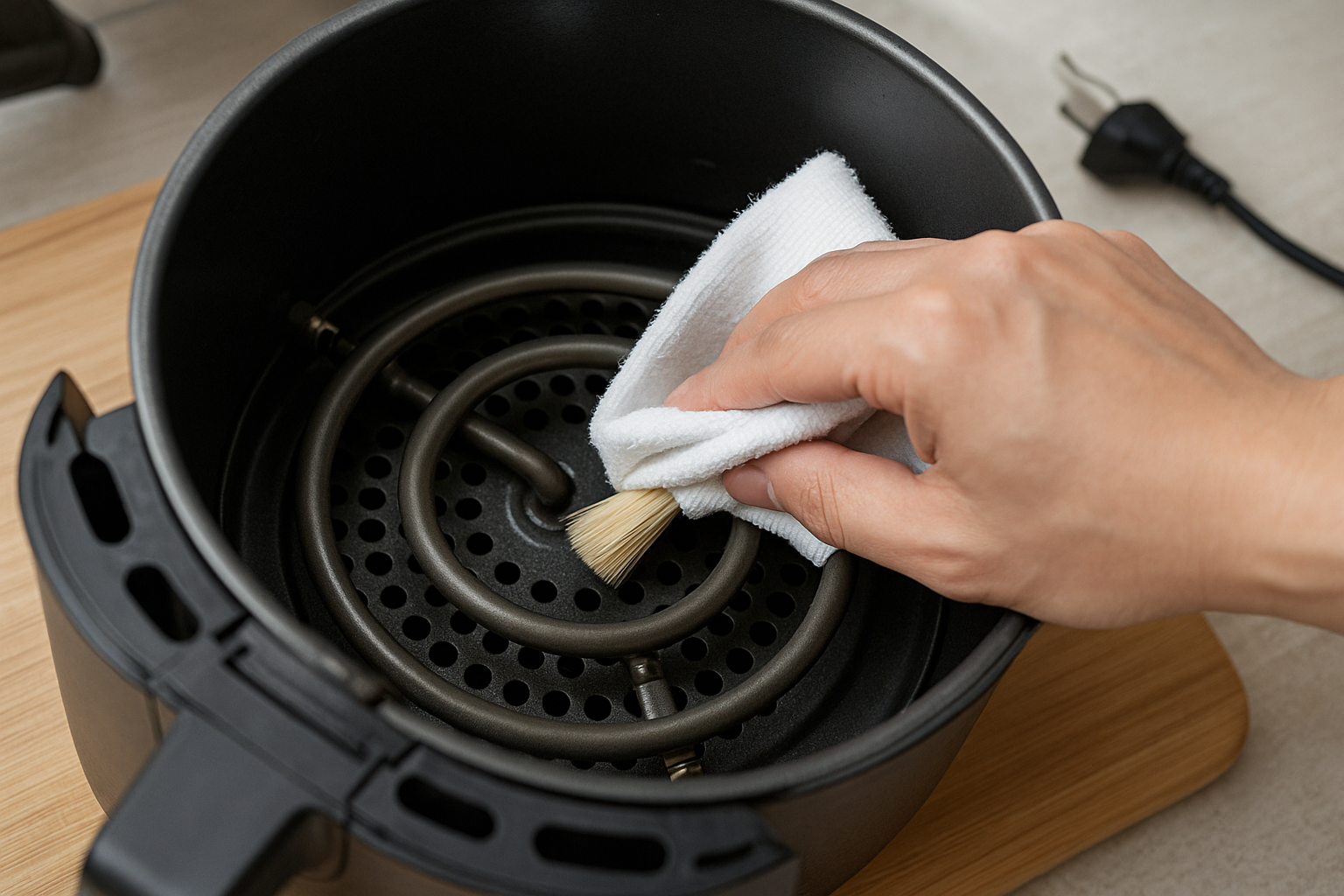 전원 분리 후 열선을 마른 천과 솔로 청소하는 모습