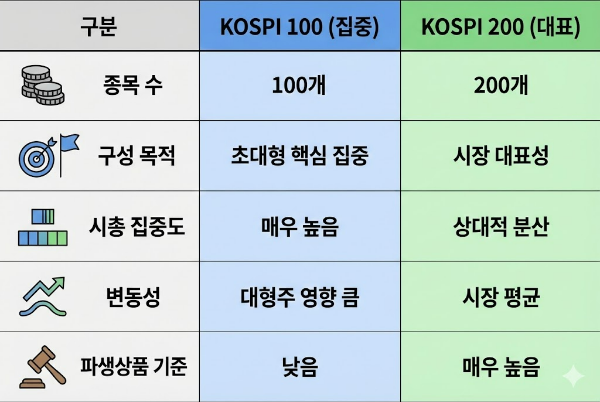 코스피 100 vs 코스피 200 핵심 차이 한눈에 비교