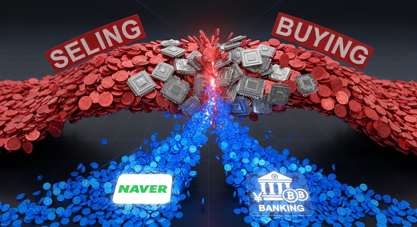 A dramatic 3D design showing a giant wave of red coins (selling) hitting the semiconductor chip icons, but a smaller, powerful blue stream (buying) flowing into icons representing NAVER and Banking. Professional financial theme, 8k.