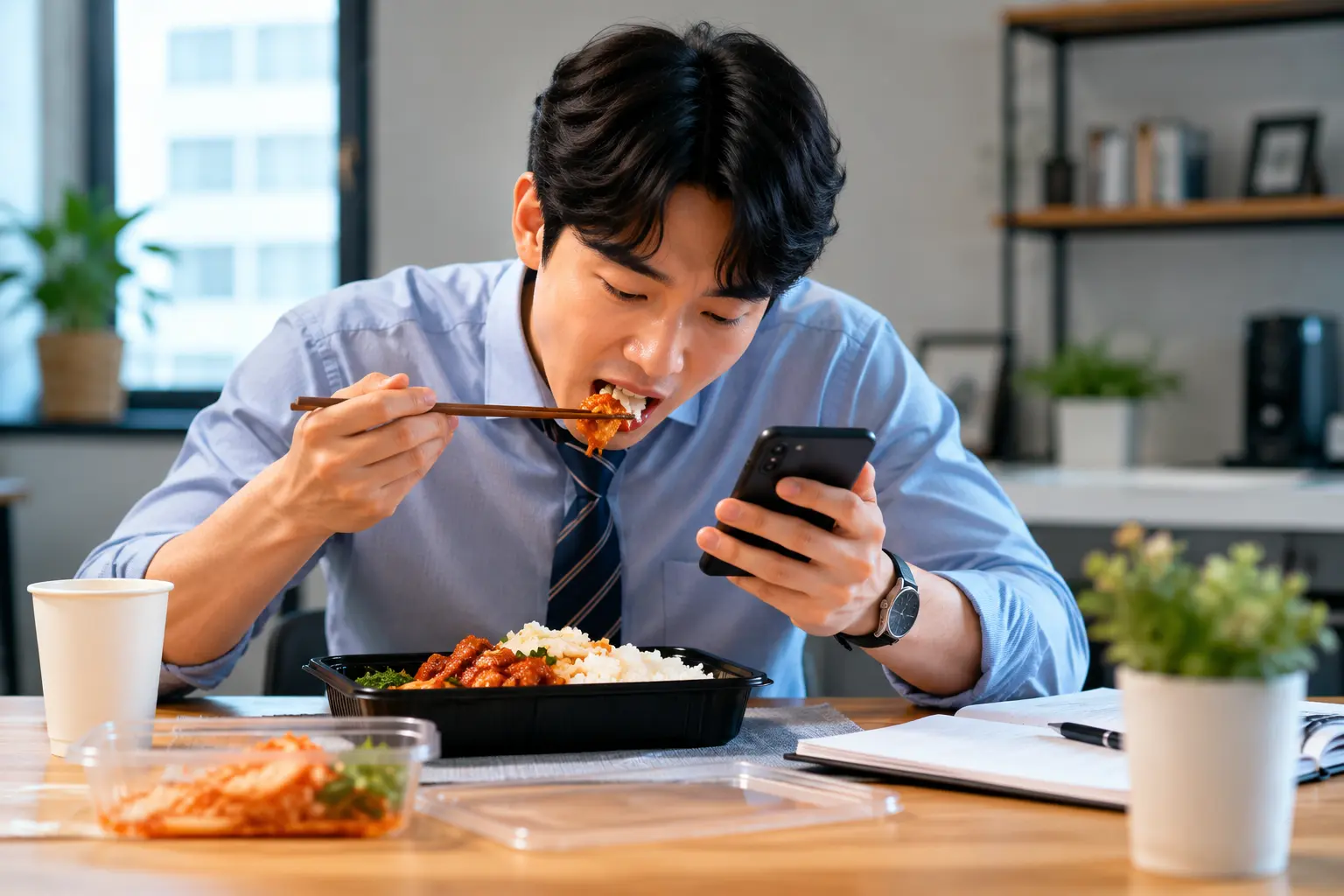스마트폰을 보며 식사하는 혼밥족