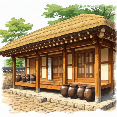 장독이 있는 초가집