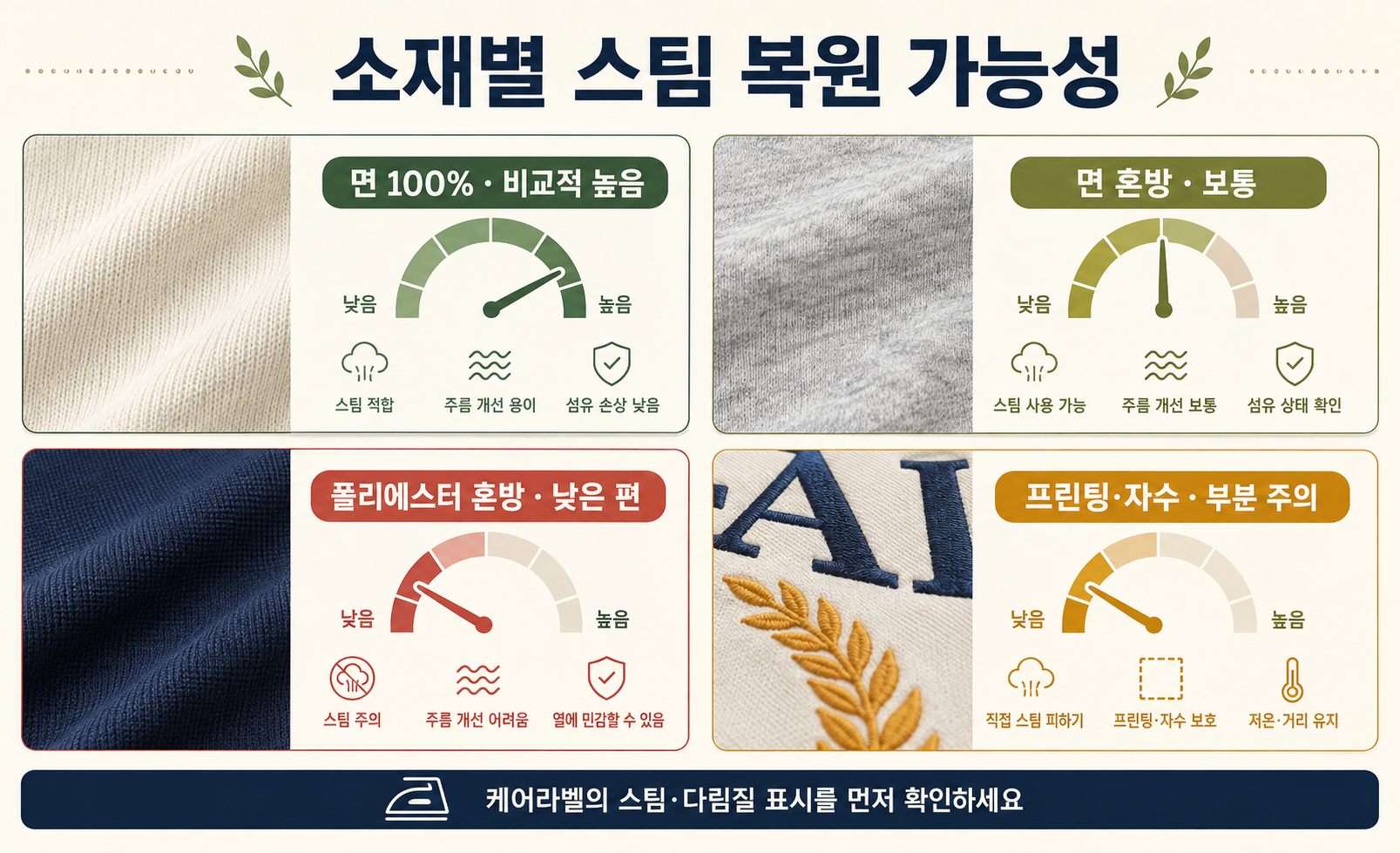 면과 폴리에스터 혼용률에 따른 맨투맨 스팀 복원 가능성 비교