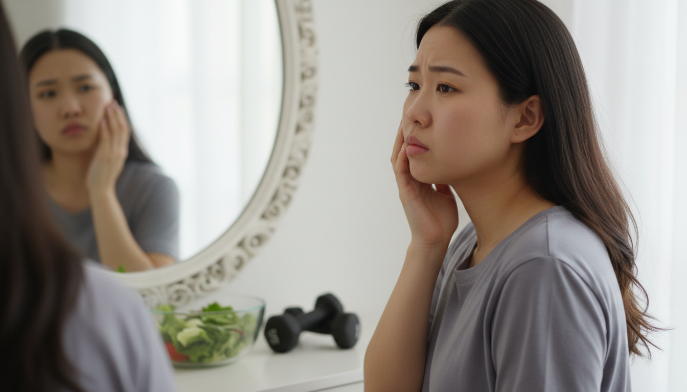 나잇살인 줄 알았던 둥근 얼굴과 복부 비만에 걱정하며 거울을 보는 30대 여성
