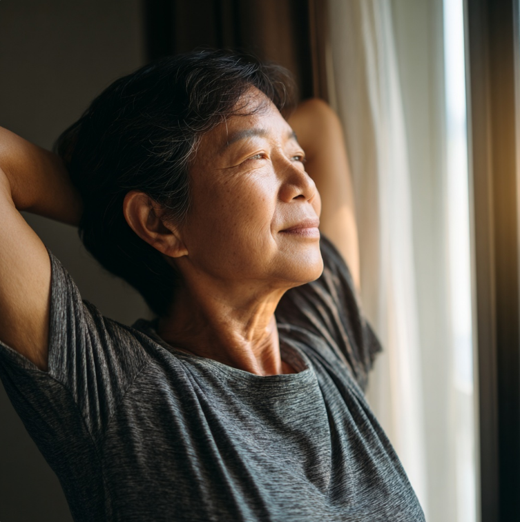 아침에 어깨스트레칭 하는 여성