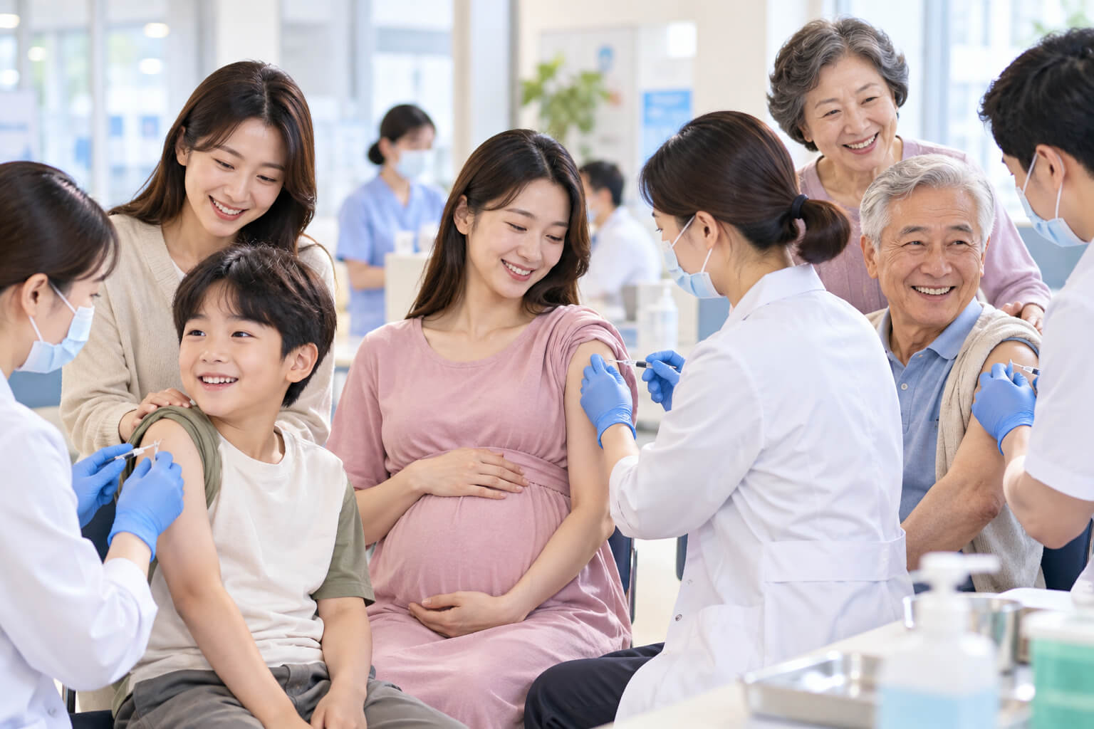 병원에서 어린이와 임신부, 어르신이 의료진에게 독감 예방접종을 받는 모습