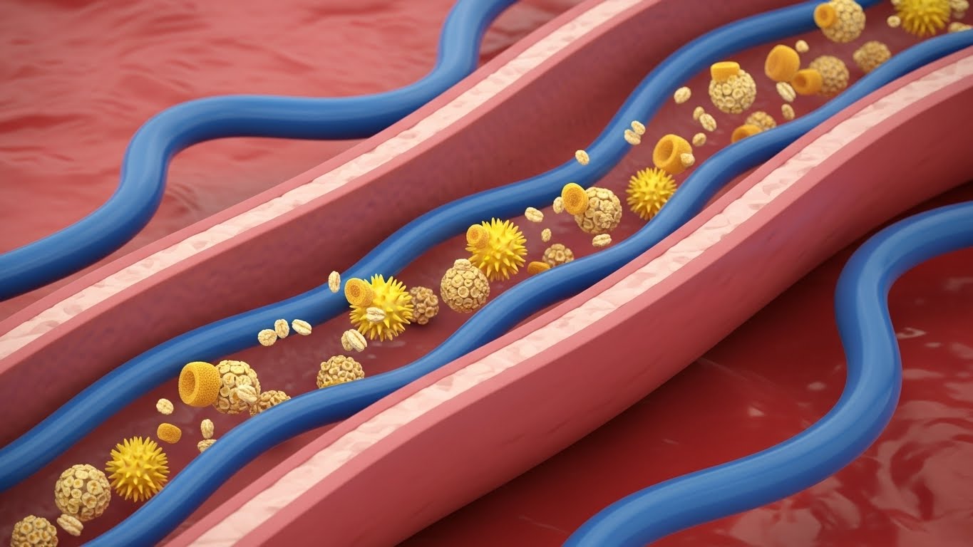 귀리의 베타글루칸 성분이 혈관 속 나쁜 콜레스테롤을 효과적으로 제거하는 과정을 보여주는 그래픽