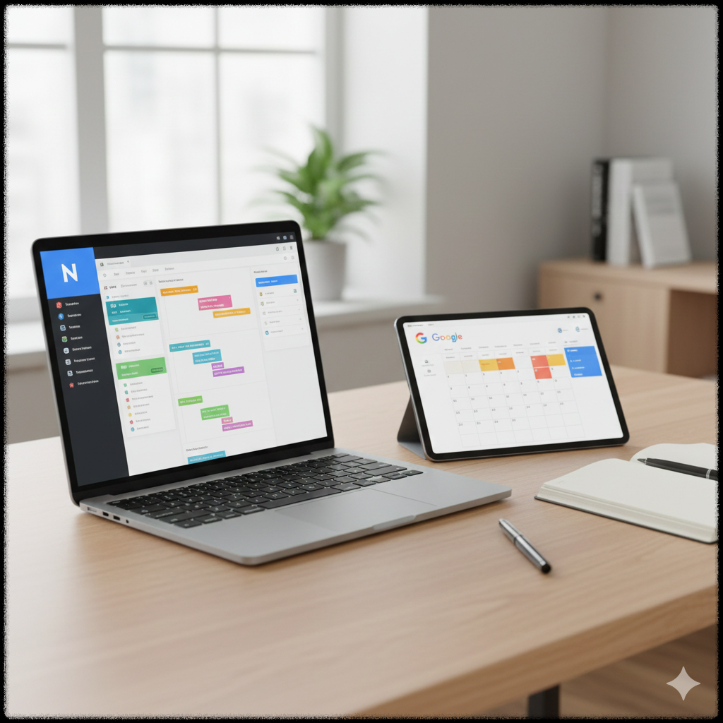 온라인 부업 준비 과정을 표현한 계획 노트와 노트북 이미지