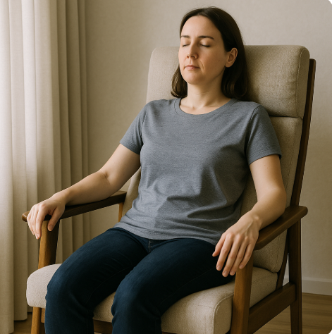 허리를 곧게 펴고 의자 등받이에 기대 앉아 목과 어깨에 힘을 빼 혈압 상승으로 인한 긴장을 완화하는 여성의 모습