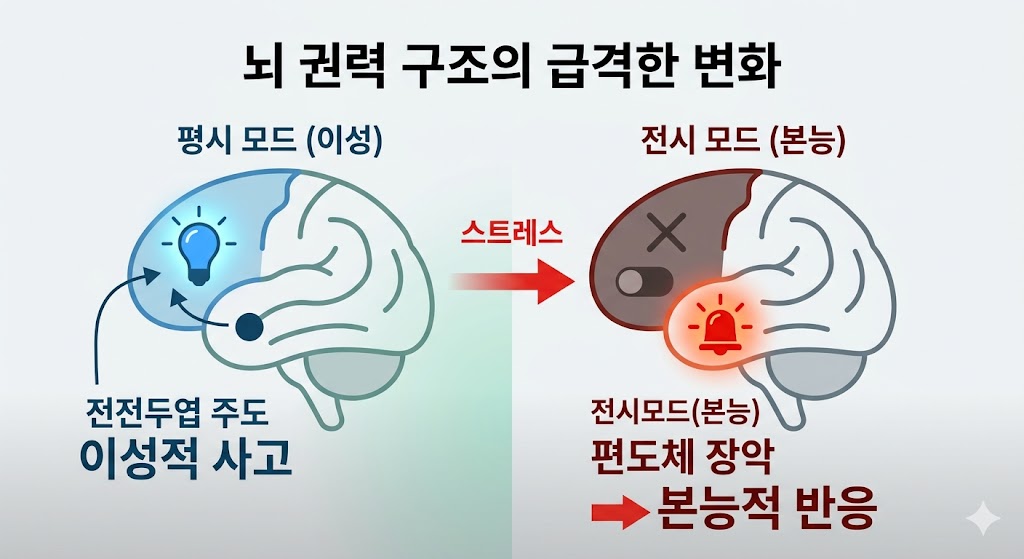 이 이미지는 평시와 전시 상황에 따른 뇌 권력 구조의 변화를 직관적인 인포그래픽으로 설명합니다. 좌측에는 전전두엽 주도의 이성적 사고를 상징하는 파란색 전구 아이콘의 뇌가 있으며, 우측에는 스트레스로 인해 편도체가 장악하여 본능적 반응을 일으키는 붉은색 사이렌 아이콘의 뇌가 배치되어 있습니다.