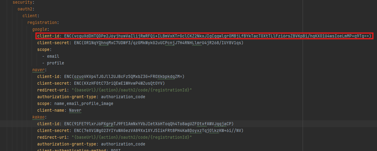 application.yml에 oauth 시크릿 키 설정하는 스크린샷