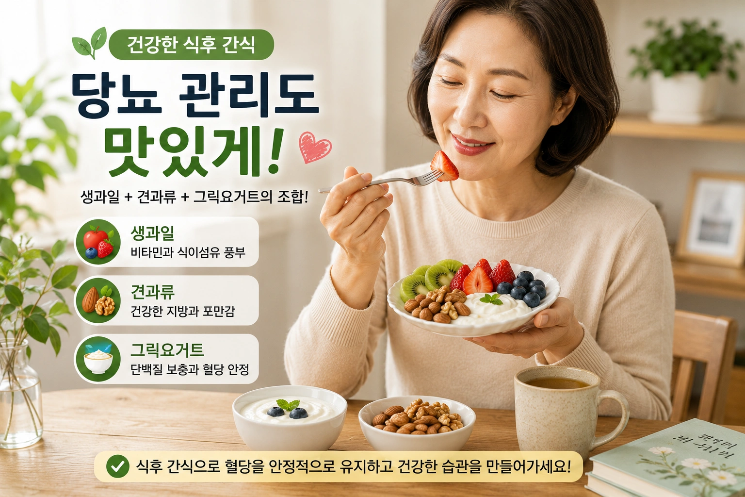 당뇨 환자가 생과일과 견과류&amp;#44; 그릭요거트를 함께 먹으며 건강한 식후 간식을 즐기는 모습