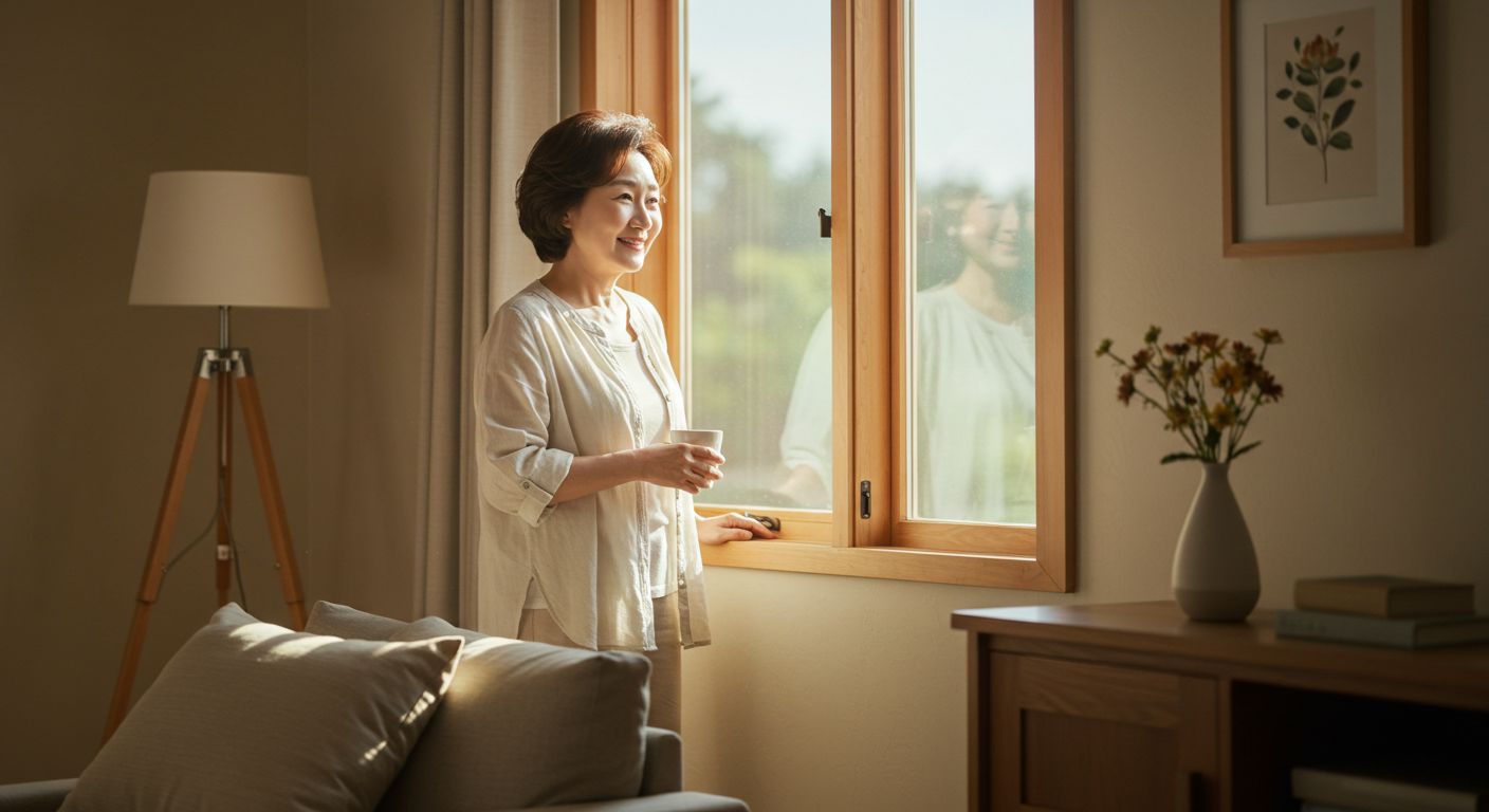 햇살 받으며 미소 짓는 중년 여성