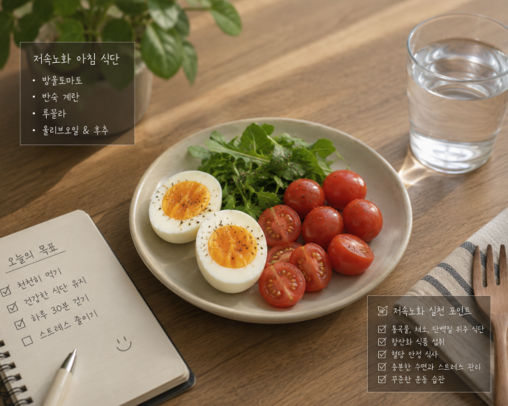 방울토마토와 계란이 담긴 저속노화 아침 식단