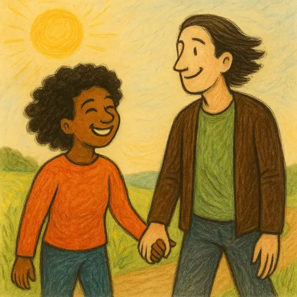 두 사람이 따뜻하게 마주 보며 웃고, 손을 잡고 함께 희망적으로 길을 걷는 모습 — 서로 다른 스타일의 캐릭터와 배경으로 구성됨