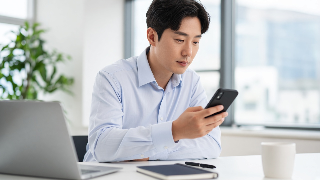 증권 앱으로 3분기 실적 발표 일정을 확인하는 30대 한국인 직장인 남성