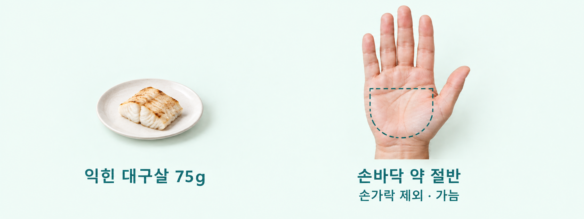 익힌 대구살 한 조각과 손가락을 제외한 손바닥의 약 절반 영역을 나란히 비교한 분량 도식