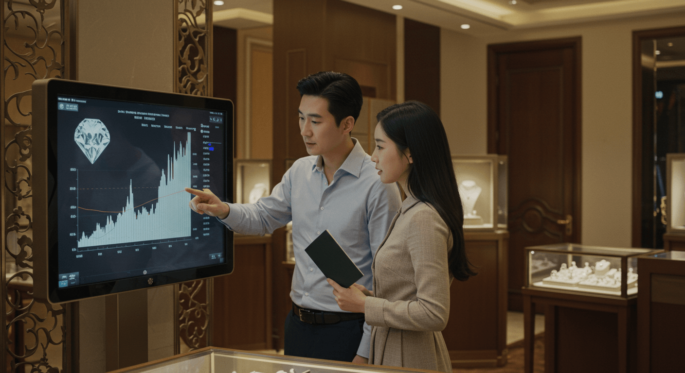 한국인 커플이 보석 매장에서 다이아 가격 차트를 확인하는 장면 3