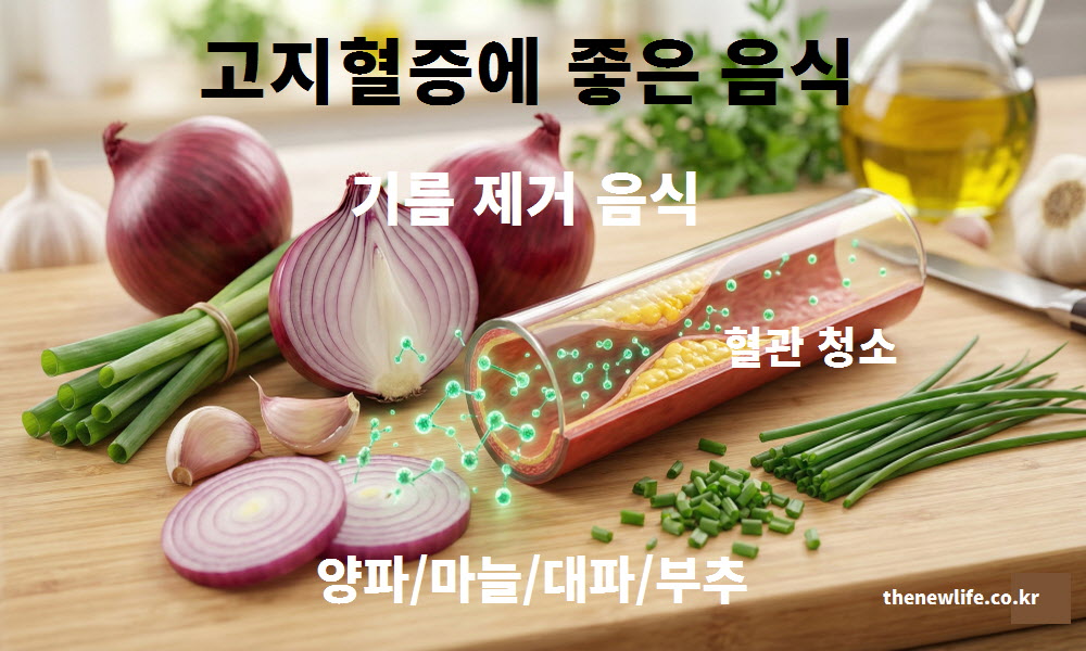 혈관 벽에 단단하게 눌어붙은 묵은 기름때를 제거하여 통로를 확보하는 고지혈증에 좋은 음식의 역할을 보여주는 이미지.