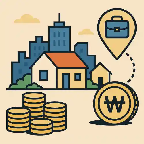 도시를 배경으로 돈, 직장을 상징하는 서류가방이 있는 부동산 관련 그림