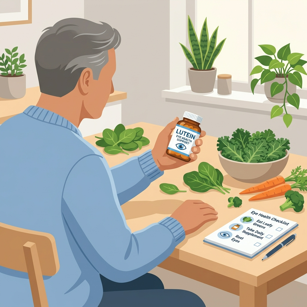 루테인 제품 성분을 확인하는 50대 중년의 모습