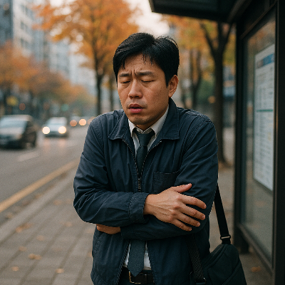 한국인 직장인이 출근길에서 얇은 재킷을 입고 추워하는 모습