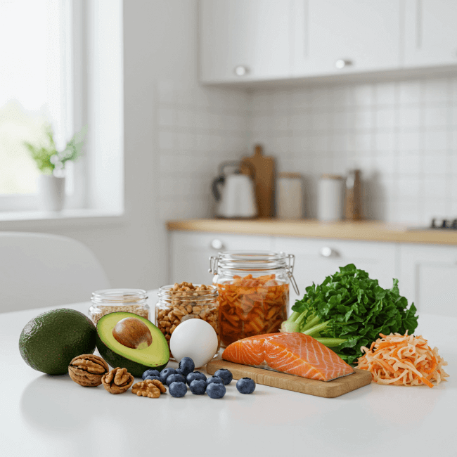 주방 하얀 테이블 위에 피부장벽 강화에 도움되는 식재료들이 모여 있는 모습